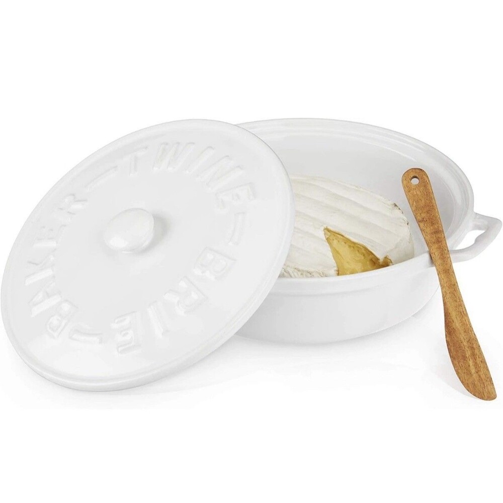 Twine Ceramic Brie Baker with Acacia Wood Spreader, White Baking Dish with Lid